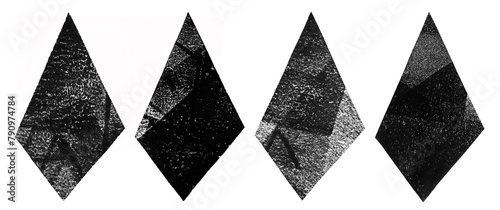 Linocut, relief printing polygon, tetragon diamond crystal shapes rough textures set. Black artistic linocutting textured background, text frame. Paint roller stains, lino ink grungy geometric figure.