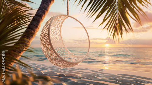 white rattan hanging chair on the beach, under the palm trees.