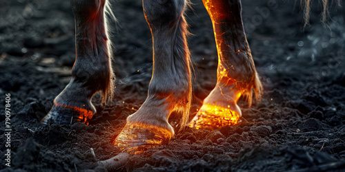 Equine Laminitis: The Hoof Pain and Reluctance to Bear Weight - Imagine a horse with highlighted hooves showing inflammation, experiencing hoof pain and reluctance to bear weight
