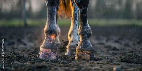 Equine Laminitis: The Hoof Pain and Reluctance to Bear Weight - Imagine a horse with highlighted hooves showing inflammation, experiencing hoof pain and reluctance to bear weight