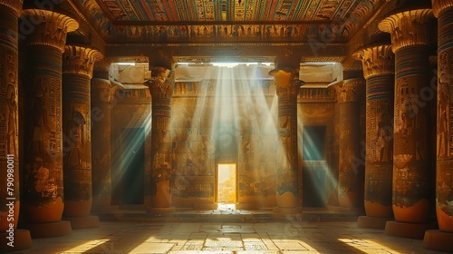 Sunset light going through the columns of ancient temple in Egypt, travel, history and culture concept 