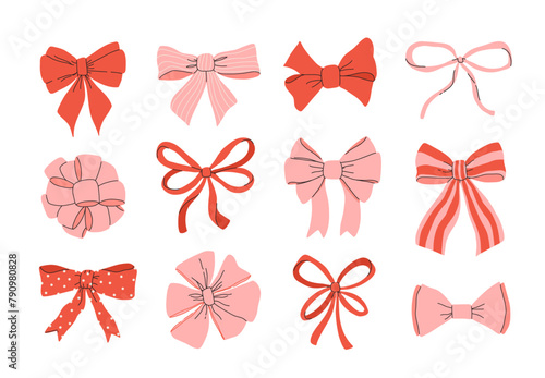 Set of various bows, gift ribbons. Bowknots in hand-drawn and flat styles. Fashionable vector illustration. Hair accessory. Bow knots for gift wrapping