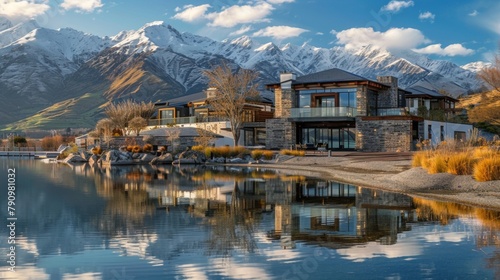 A tranquil lakeside retreat framed by snow-capped mountains, offering a peaceful escape for nature lovers and outdoor enthusiasts."