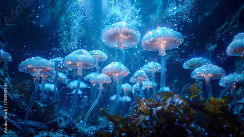 A surreal underwater scene with bioluminescent, poisonous sea mushrooms