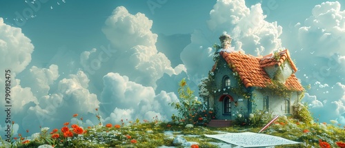 Dream Home An illustration of a dream house, with imaginative features and a whimsical design, set in a fantasy landscape with a paper and pen on the ground, inspiring thoughts of a magical and creati