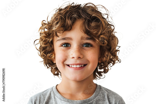 A cheerful boy with messy hair and a warm, friendly smile, isolated on transparent background, png file