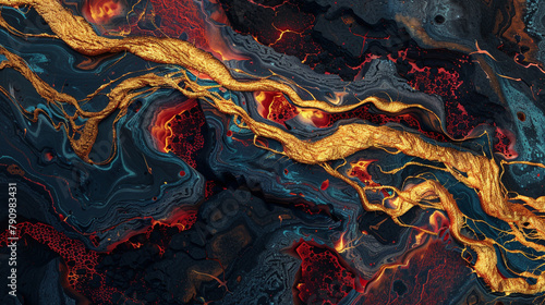 A close-up view of an imaginary planet's surface, where rivers of lava (gold and red) flow across a dark basaltic landscape (black and blue), 