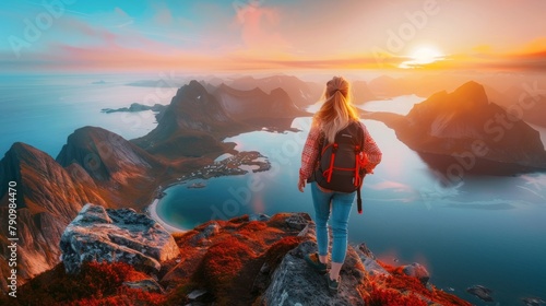 Woman traveler hiking in Norway girl backpacker relaxing on mountain cliff edge in Lofoten islands female tourist traveling outdoor alone healthy lifestyle summer vacations adventure trip 