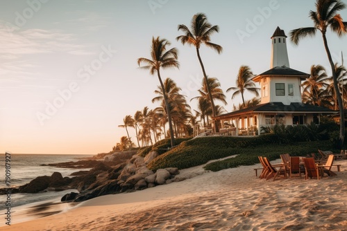 A Romantic Beachside Wedding Venue at Sunset with a Majestic Lighthouse in the Background, Surrounded by Palm Trees and White Sand