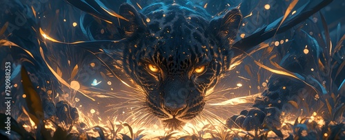 A black leopard with golden eyes, in a close up shot, in the dark night forest, surrounded by glowing particles and dots of light