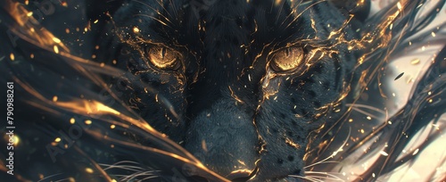 A black leopard with golden eyes, in a close up shot, in the dark night forest, surrounded by glowing particles and dots of light