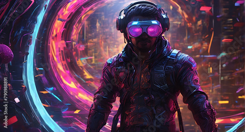A neon-lit metropolis hosts a wormhole wrangler in the digital anime world. Detailed digital painting captures him at a swirling vortex, clad in cybernetic gear