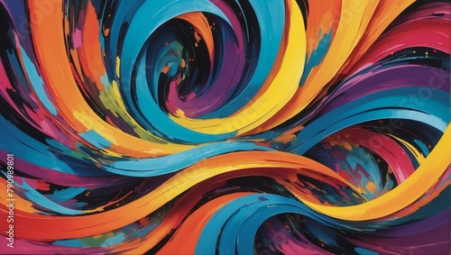 Step into a whirlwind of color and motion with this lively abstract panorama, where vibrant shades and tones dance along intricate angular curves, creating an electrifying visual spectacle.