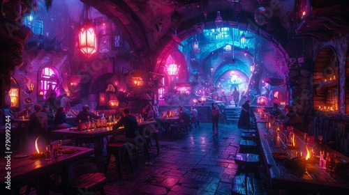 Enchanted medieval fantasy tavern filled with colorful lights and lively patrons