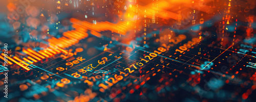 Explore the detailed precision of finance with a macro shot of a checkbook, featuring intricate numerals and patterns against a backdrop of glowing financial graphs.