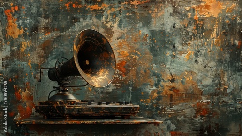 Vintage gramophone on distressed backdrop evokes a sense of nostalgia in artistic decor