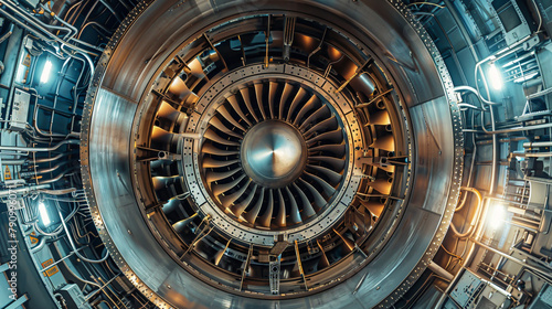 Highlight the inner mechanisms of a jet engine in a visually striking long shot, emphasizing the intricate design and functionality that powers these machines