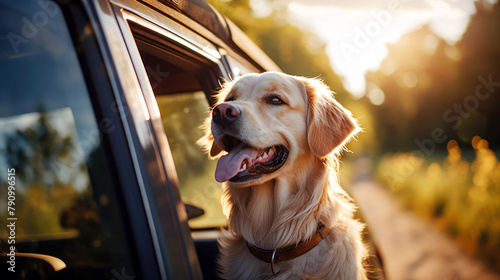 Happy dog looking out of car window. Cute golden retriever enjoying road trip at sunny summer day
