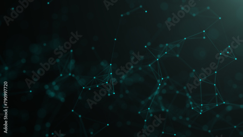 Abstract network connections, neural networks. Dots connected by lines move chaotically on a turquoise background. Chemical formula, futuristic mesh, sea green color. Neon green cyber web.