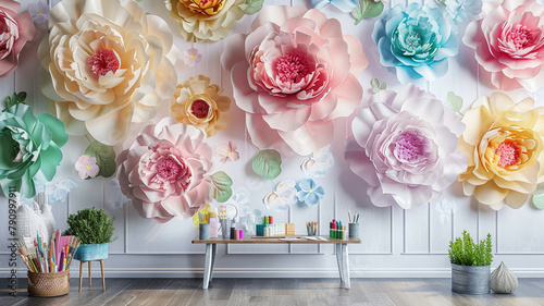 A craft and hobby room brought to life by walls decorated with 3D peony wallpaper 