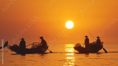 Fishermen hauling in their catch at dawn, their silhouettes framed by the rising sun.
