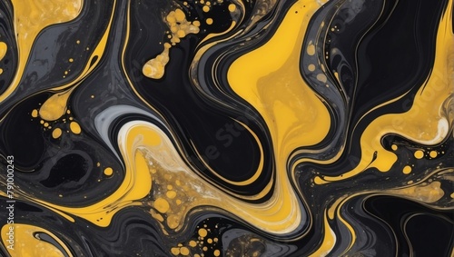 Topaz Black Acrylic Pour, Liquid Marble Abstract Surfaces Design, Embracing Topaz Yellow.
