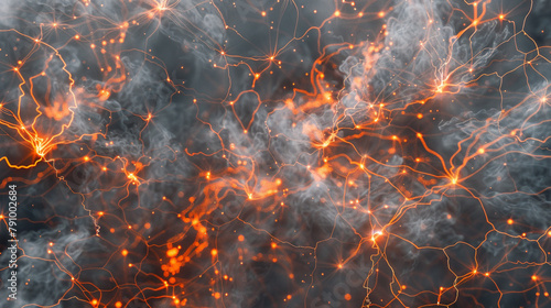 A backdrop of smoky grey with a vibrant network of plexus strands in fiery orange, exploding in random directions yet connected in a complex pattern that suggests chaos within order, 