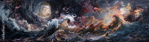 Craft an intricate high-angle view oil painting portraying a vampire gracefully navigating through a tsunami using herbal medicine to heal others, symbolizing a path to enlightenment in the face of ch