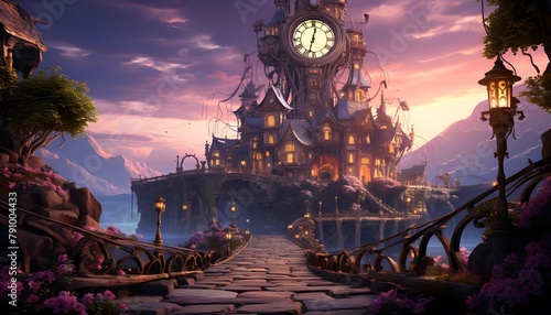 3D illustration of a fantasy world at night with a big clock