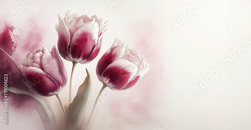 Tulipany w kolorze bordo, wiosenne kwiaty. Jasne pastelowe tło, puste miejsce na tekst, zaproszenie