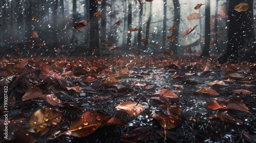 Wet autumn leaves strewn across a forest floor, illuminated by the soft light of a rainy day.