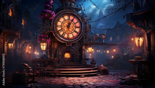 3d rendering of an old city at night with a large clock