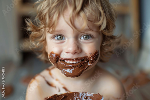 Boy child eating chocolate with dirty mouth