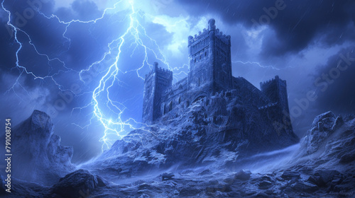 Spooky castle of vampire, evil spirit or ghost, thunderstorm, lightings