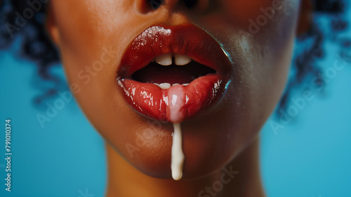 Close-up of a woman's lips with a drop of milk dripping down, set against a blue background.