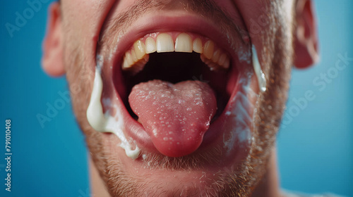 Close-up of a man's open mouth showing teeth and tongue against a blue background.