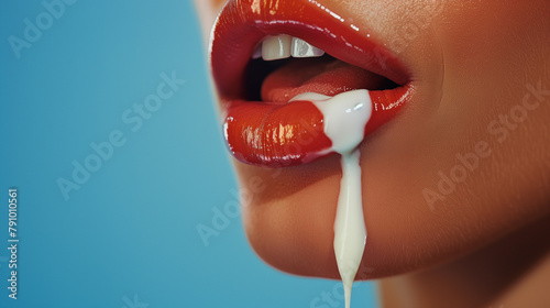 Close-up of glossy red lips with a drop of milk dripping down, set against a blue background.