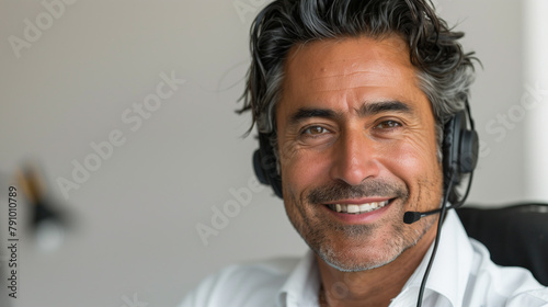 Portrait of a smiling middle-aged man wearing a headset, suggesting a professional setting like customer service or telecommunication.