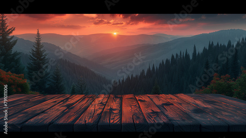 Sunset over a mountainous landscape with a wooden table in the foreground, creating a serene and picturesque scene.