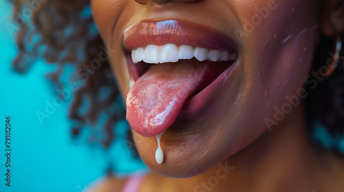 Close-up of a woman's mouth with her tongue sticking out, a drop of liquid falling from it, against a blue background.