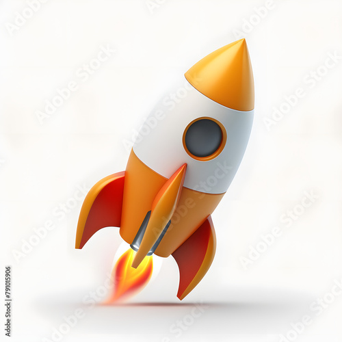 3d style spaceship rocket flying with yellow flame ejected from nozzles. Toy rocket launch. Successful startup, financial growth, space business concept vector illustration