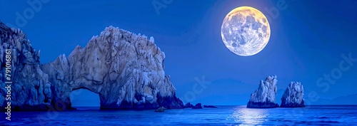 Serenity in Blue: Full Moon Over Sea Arch and Rocky Outcrops. Tranquil Seascape for Calmness and Meditation Visuals. AI