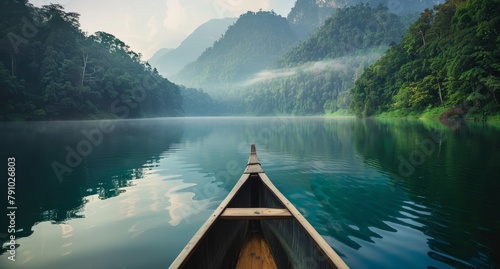  A boat floats on a tranquil lake, adjacent to a lush green forest-covered mountain shrouded in fog and mist
