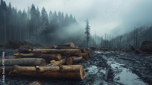 deforested landscape with cut trees and pile wood in the middle, foggy weather, muddy ground, dead forest, overcast sky, deforestation wood cutting concept, environmental issue, world environment day
