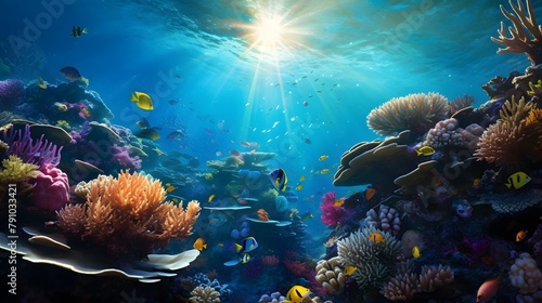 Underwater panorama of coral reef with fish and tropical fish.
