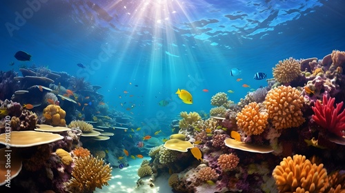 Underwater panorama of coral reef and tropical fish, underwater landscape