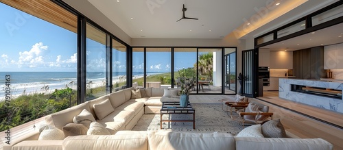 Beachfront condo with floor-to-ceiling windows and direct beach access.