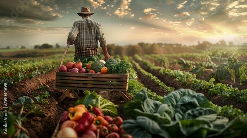 Male farmer holding crate of assorted fresh vegetables in plowed field background