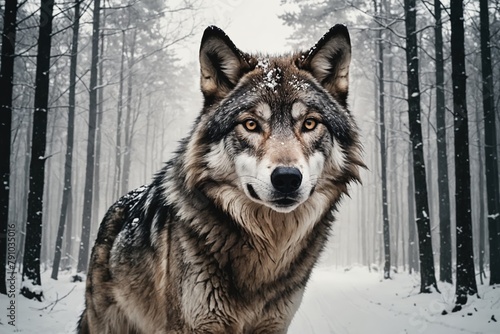 Serene Wilderness: Captivating Gaze of a Wolf in the Falling Snow