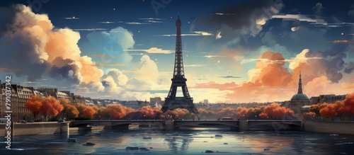Eiffel Tower in Paris, France. Double exposure. Travel and tourism concept 